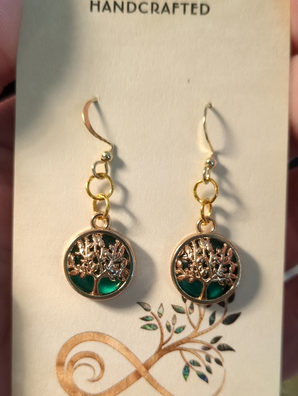 Handcrafted Gold-Tone Tree of Life Earrings in Emerald Green